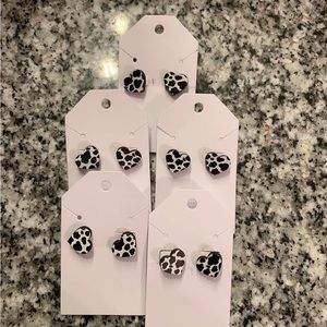 5 pairs of cow print heart earrings hand painted